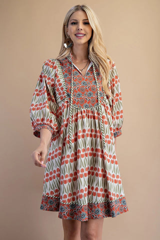 Coral Contrasting Fabrics Mini Dress with Pockets