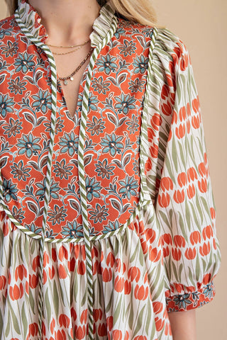 Coral Contrasting Fabrics Mini Dress with Pockets