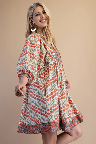 Coral Contrasting Fabrics Mini Dress with Pockets