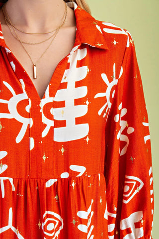 Tangerine/Gold Foil Abstract Print Tiered Dress with a Collar and Elastic at the Wrists