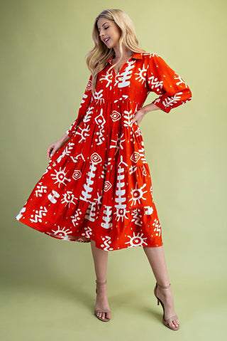 Tangerine/Gold Foil Abstract Print Tiered Dress with a Collar and Elastic at the Wrists