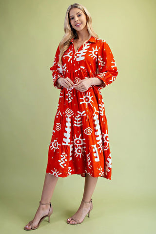 Tangerine/Gold Foil Abstract Print Tiered Dress with a Collar and Elastic at the Wrists
