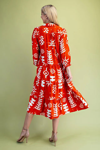 Tangerine/Gold Foil Abstract Print Tiered Dress with a Collar and Elastic at the Wrists