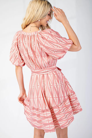 Dusty Pink Printed Puff Sleeve Dress with a Mandarin Collar and Belt Tie Final Sale