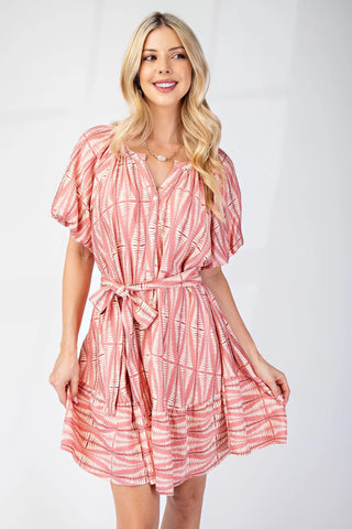 Dusty Pink Printed Puff Sleeve Dress with a Mandarin Collar and Belt Tie Final Sale