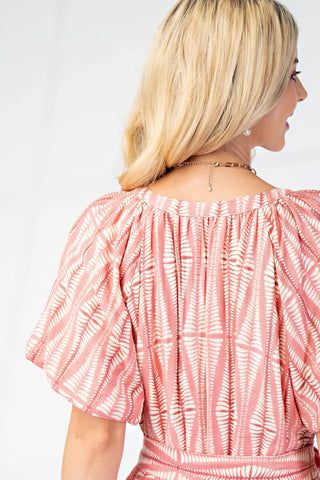Dusty Pink Printed Puff Sleeve Dress with a Mandarin Collar and Belt Tie Final Sale