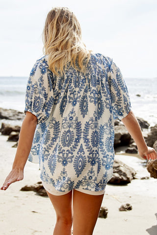 Blue Smocked Short Sleeve Top