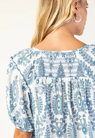 Blue Smocked Short Sleeve Top