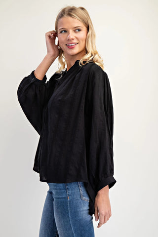 Lightly Textured Loose Fit Button Down Top with a Mandarin Collar Final Sale