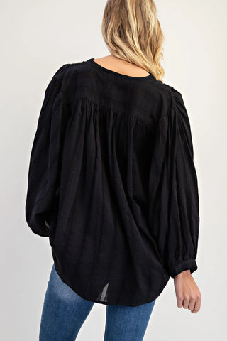 Lightly Textured Loose Fit Button Down Top with a Mandarin Collar Final Sale