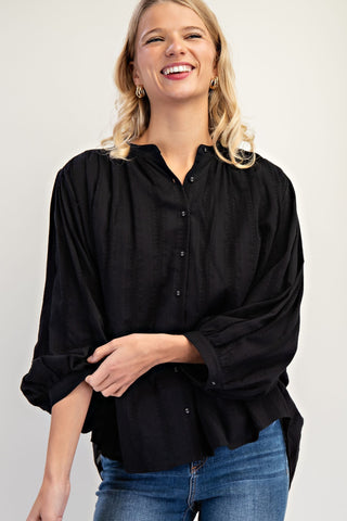 Lightly Textured Loose Fit Button Down Top with a Mandarin Collar Final Sale