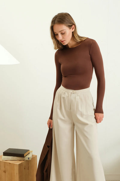 COFFEE BEAN ROUND NECK LONG SLEEVE FITTED KNIT TOP