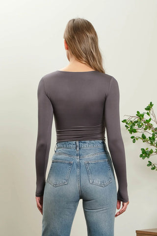 Grey Basic Round Neck Long Sleeve Fitted Knit Top