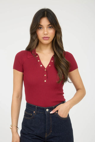CURVY DEEP RED GOLD SNAP BUTTON SWEATER KNIT POLO Final Sale