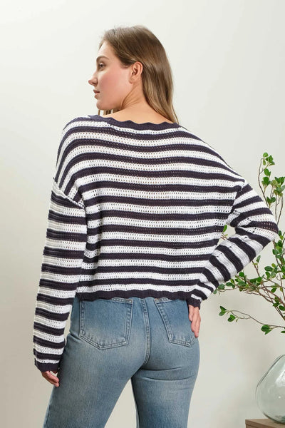 NAVY STRIPE SCALLOP TRIM KNIT PULLOVER SWEATER