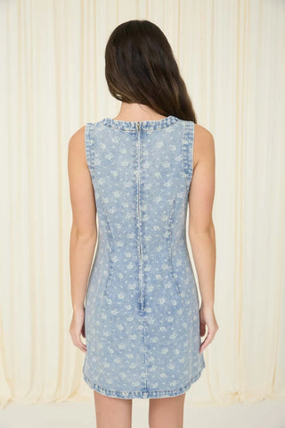 SC FLORAL WASHED DENIM PATTERN SLEEVELESS MINI DRESS