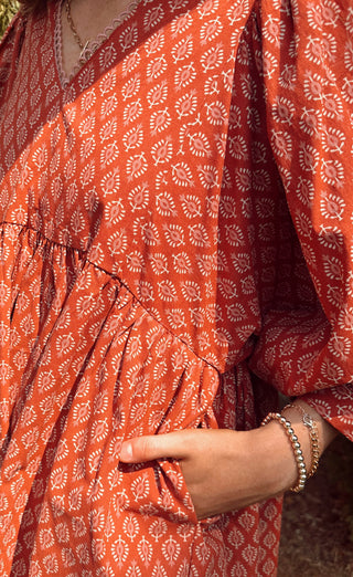 Terracotta Printed Mini Babydoll Dress with Pockets Final Sale