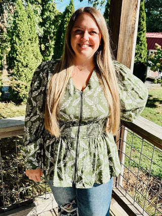 Olive Printed V-Neck Blouse with a Zipper Front and Smocked Waist