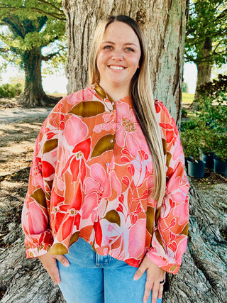 Coral Batwing Blouse with Mandarin Collar and Fabric Covered Buttons
