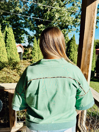 Dusty Sage Western Embroidered Sweatshirt with Leopard Piping Details