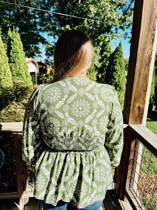 Olive Printed V-Neck Blouse with a Zipper Front and Smocked Waist