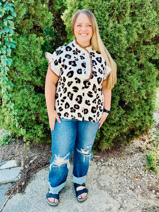 Leopard Button Front Top w/ Ruffle Neck Final Sale