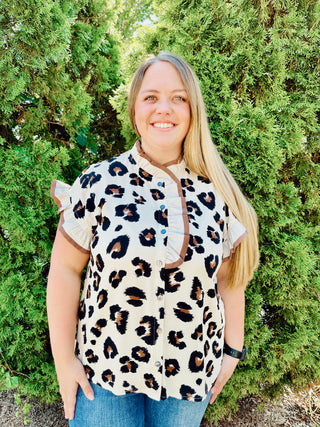 Leopard Button Front Top w/ Ruffle Neck Final Sale