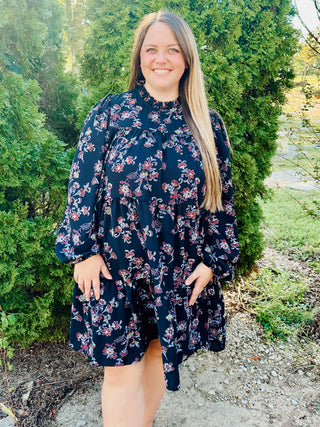 Black Frilled Mock Neck Tiered Floral Woven Dress Final Sale