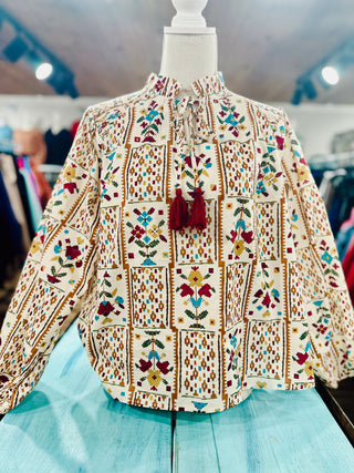 Ecru Geometrical Floral Print Top Final Sale