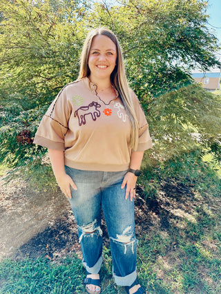 Taupe Western Embroidered Sweatshirt with Leopard Piping Details