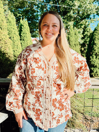 Walnut Floral Button Down V-Neck Blouse