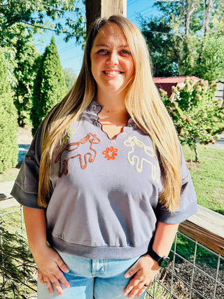 Cool Grey Western Embroidered Sweatshirt with Leopard Piping Details