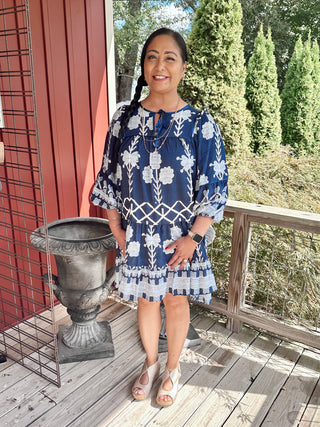 Curvy Navy Tribal Print Dress with Tie Neck
