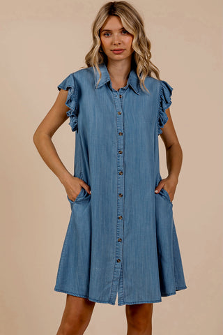 DARK WASHED CHAMBRAY RUFFLE SLEEVE BUTTONED DRESS