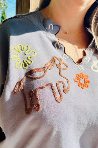 Cool Grey Western Embroidered Sweatshirt with Leopard Piping Details