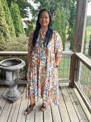 Latte Floral Tiered Midi Dress w/ Pockets Final Sale