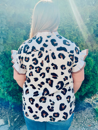 Leopard Button Front Top w/ Ruffle Neck Final Sale