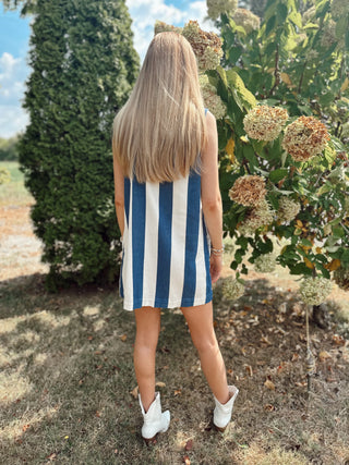 INDIGO VERTICAL STRIPE TANK MINI DRESS w/ POCKETS FINAL SALE
