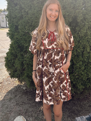 Brown Printed Babydoll Puff Sleeve Mini Dress with Pockets