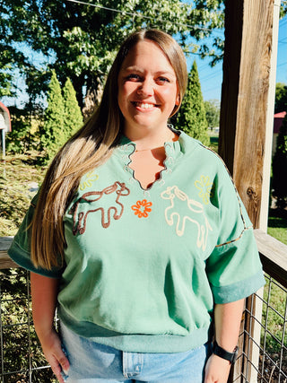 Dusty Sage Western Embroidered Sweatshirt with Leopard Piping Details