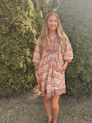 Coral Contrasting Fabrics Mini Dress with Pockets