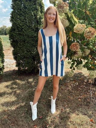 INDIGO VERTICAL STRIPE TANK MINI DRESS w/ POCKETS FINAL SALE