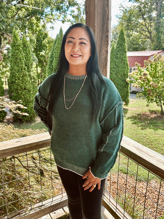 Curvy Hunter Green Exposed Seam Round Neck Sweater Final Sale