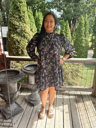 Curvy Black Frilled Mock Neck Tiered Floral Woven Dress Final Sale