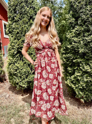 FLORAL SWEETHEART NECK BACK TIE MIDI DRESS