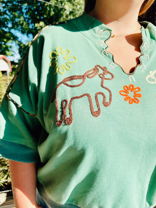 Dusty Sage Western Embroidered Sweatshirt with Leopard Piping Details