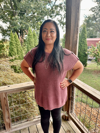 CURVY BURGUNDY WASHED KNIT SHORT TAB SLEEVE PULLOVER SWEATER FINAL SALE