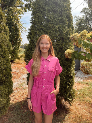 HOT PINK SHORT SLEEVE BUTTON UP POCKETS PU PLEATHER ROMPER FINAL SALE