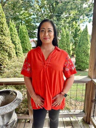 Curvy Red Orange Linen Shirt with Embroidered Sleeves FINAL SALE