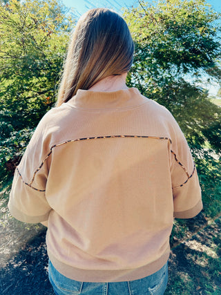 Taupe Western Embroidered Sweatshirt with Leopard Piping Details